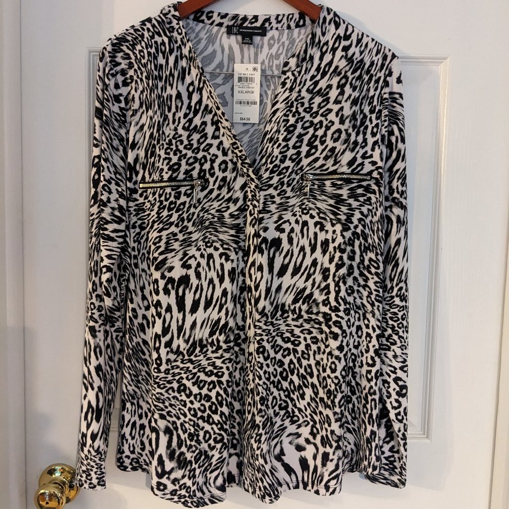 NWT INC Animal Print Zip-Detail Top, Marble Cheetah, XXL